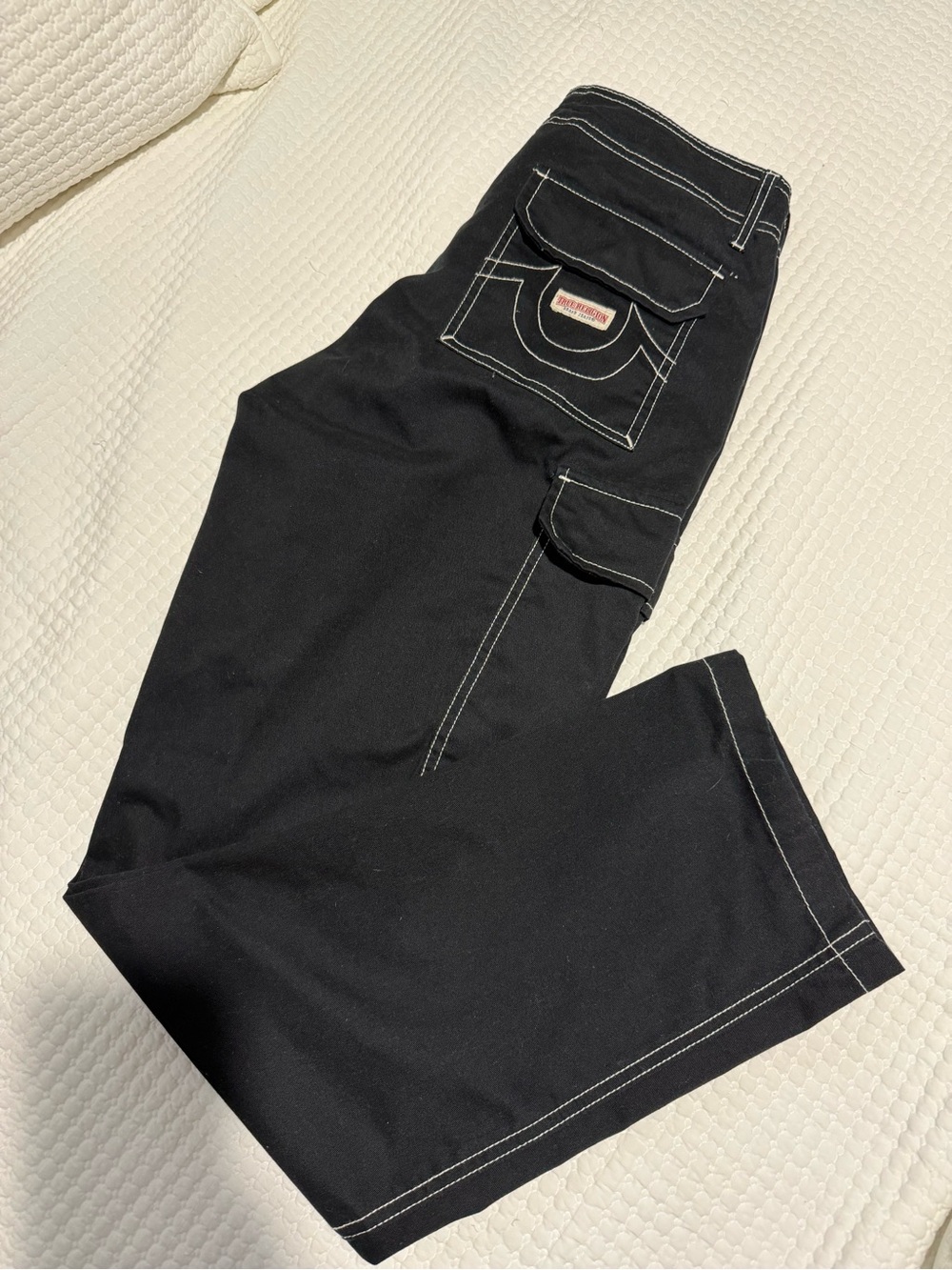 True Religion Men’s Black Cargo Pants with White Contrast Stitch